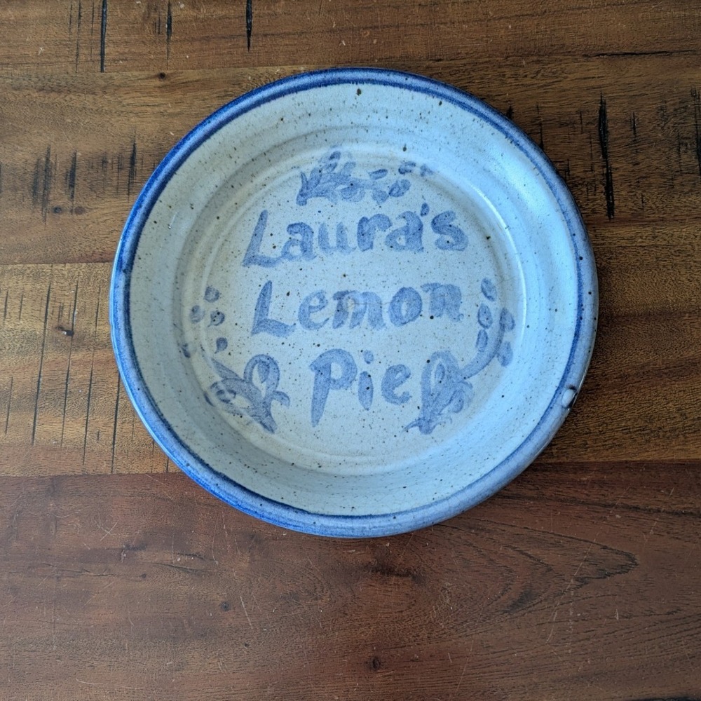 Vtg‎ Delaware Pottery Pie Dish Blue Gray Lauras Lemon Pie Stoneware 9 In Hope NJ